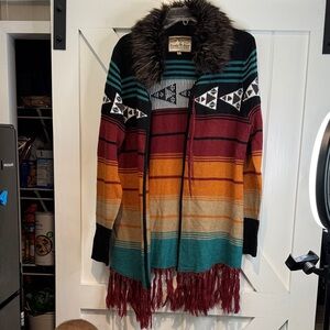 Southwestern Fringe Open-Front Cardigan with Faux Fur Collar - Multi